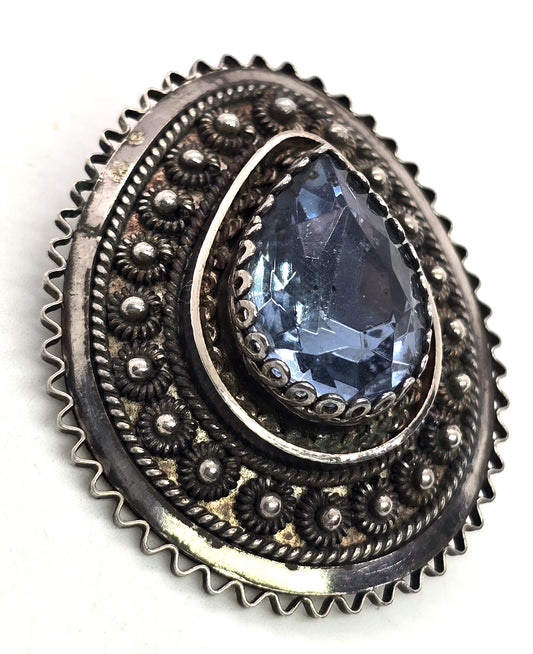 Faceted blue pear paste stone large vintage tribal sterling silver Pendant Brooch