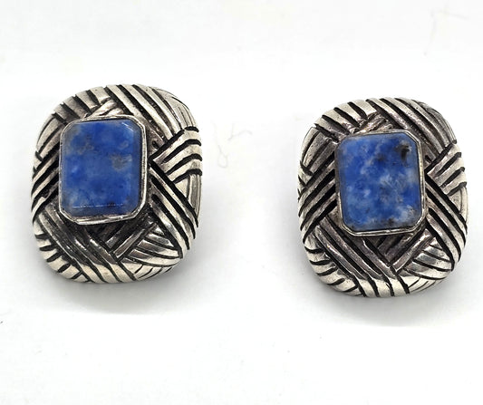 Large Sodalite sterling silver vintage clip on earrings