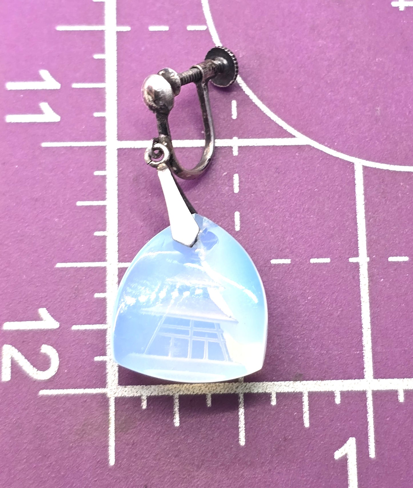 Opalite pagoda carved sterling silver drop screw back vintage earrings