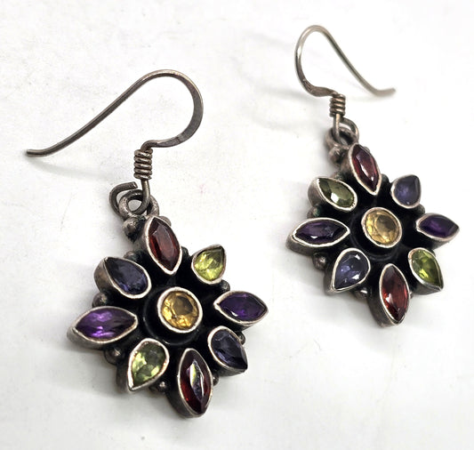 Large multi gemstone mosaic vintage flower sterling silver earrings