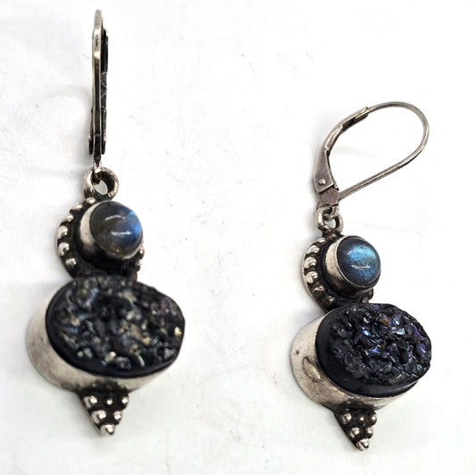 Black titanium druzy quartz labradorite gemstone sterling silver earrings