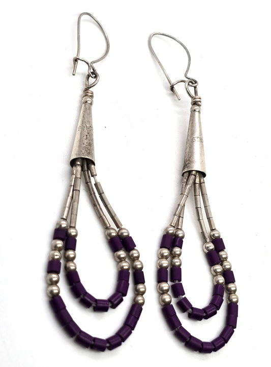 Liquid silver purple Heishi tube bead sterling silver vintage earrings