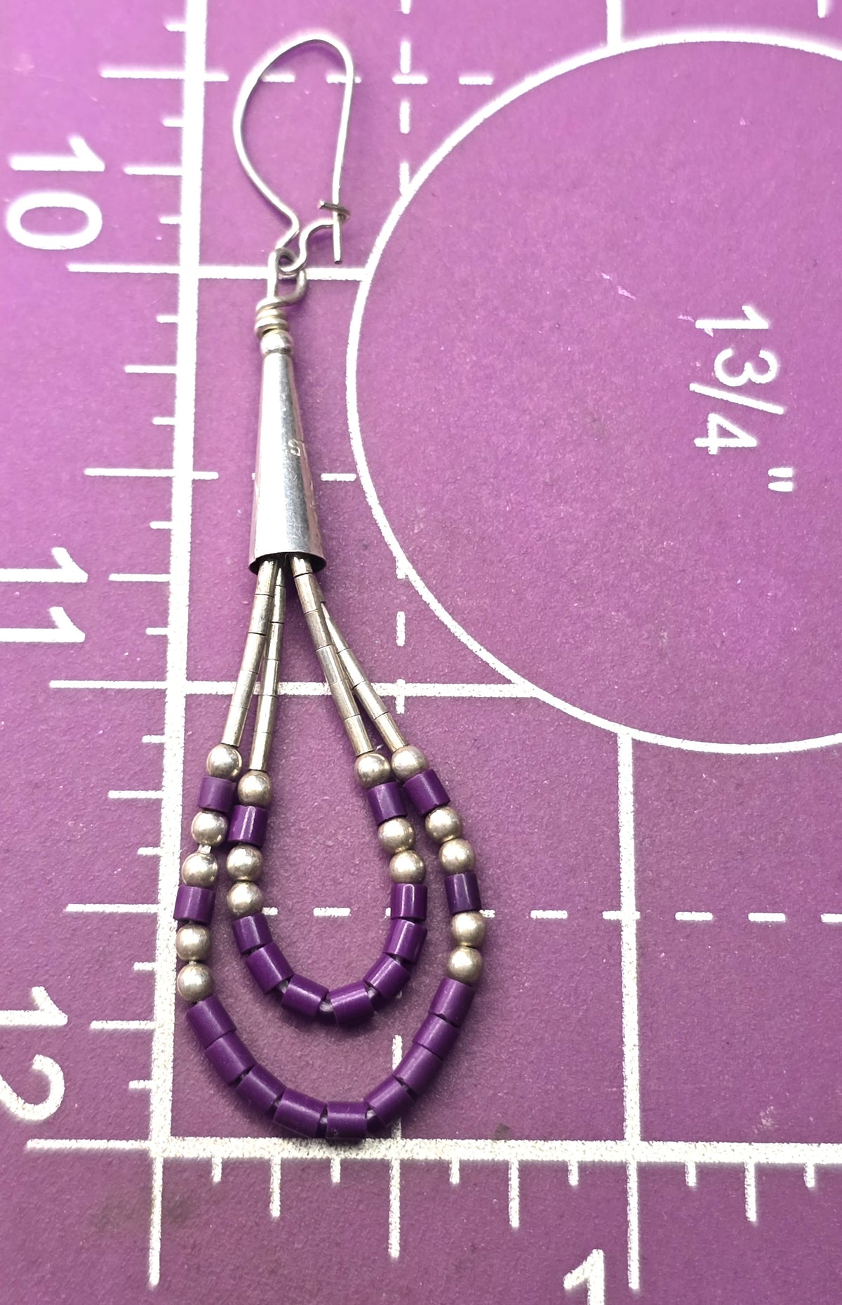 Liquid silver purple Heishi tube bead sterling silver vintage earrings