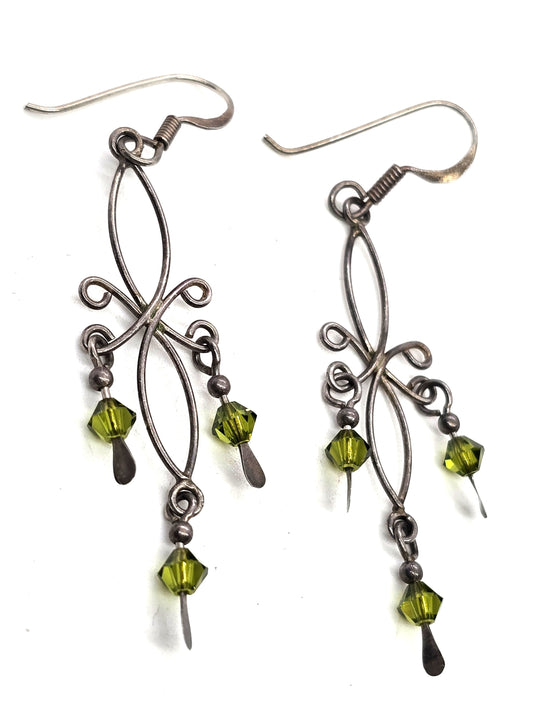 Tribal filigree green crystal bead vintage sterling silver earrings