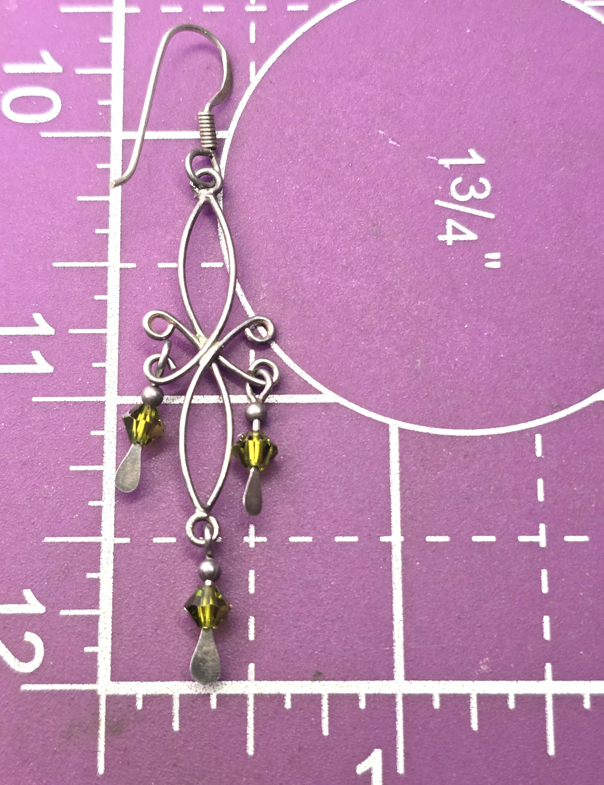 Tribal filigree green crystal bead vintage sterling silver earrings