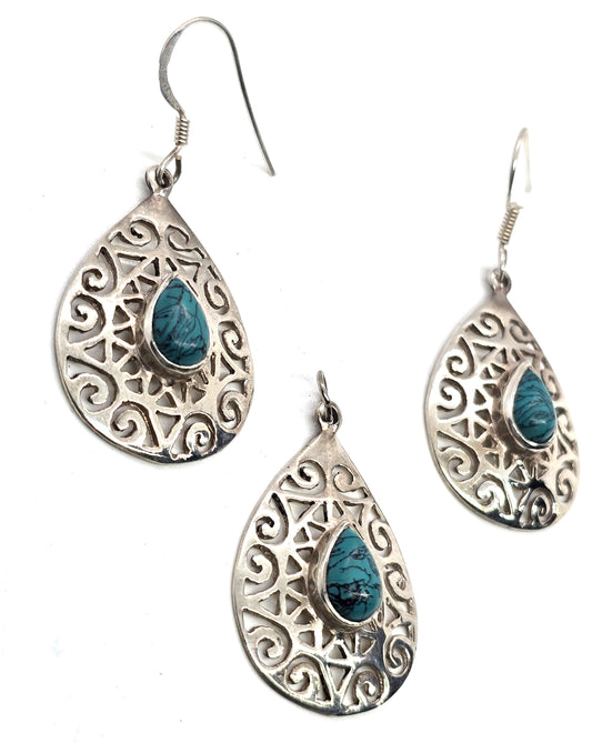 Filigree punched sterling silver dyed howlite pear drop earrings & pendant