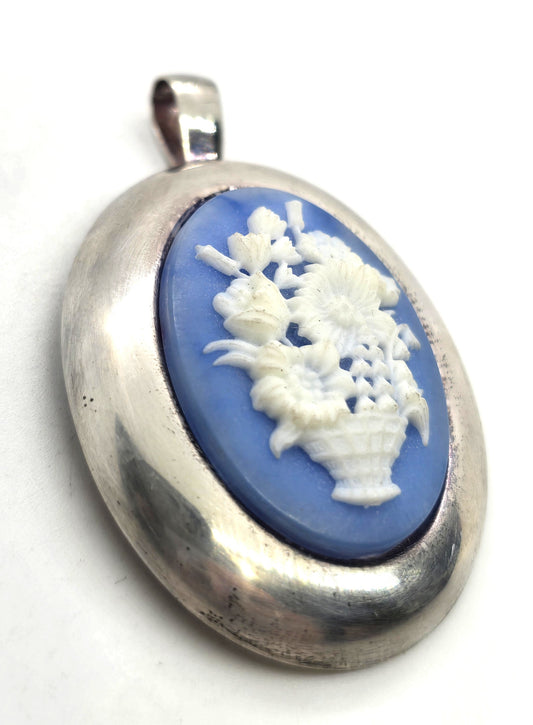 Blue flower basket Jasperware cameo vintage Milor Italy sterling silver pendant