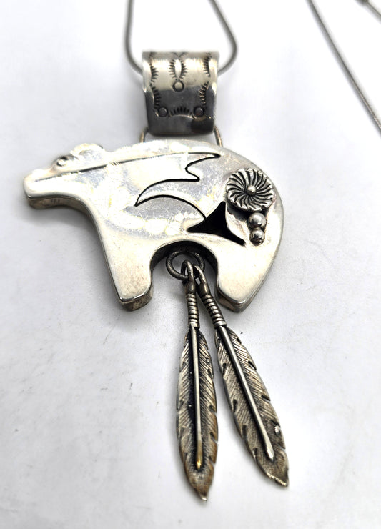 C.S. Navajo Spirit Bear Sterling Silver feather stamped pendant necklace