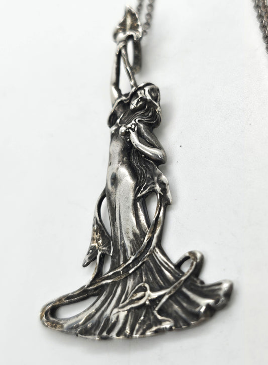 Art Nouveau Fairy Nymph woman vintage sterling silver pendant necklace