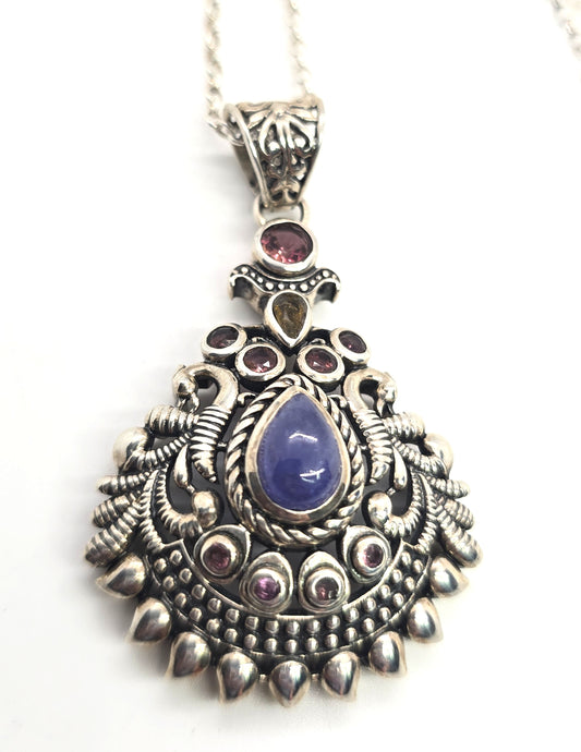 Arya Tanzanite garnet tourmaline tribal sterling silver Balinese pendant necklace