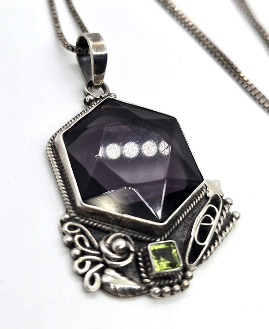 Large Synthetic Hexagonal Amethyst and Peridot vintage sterling silver necklace