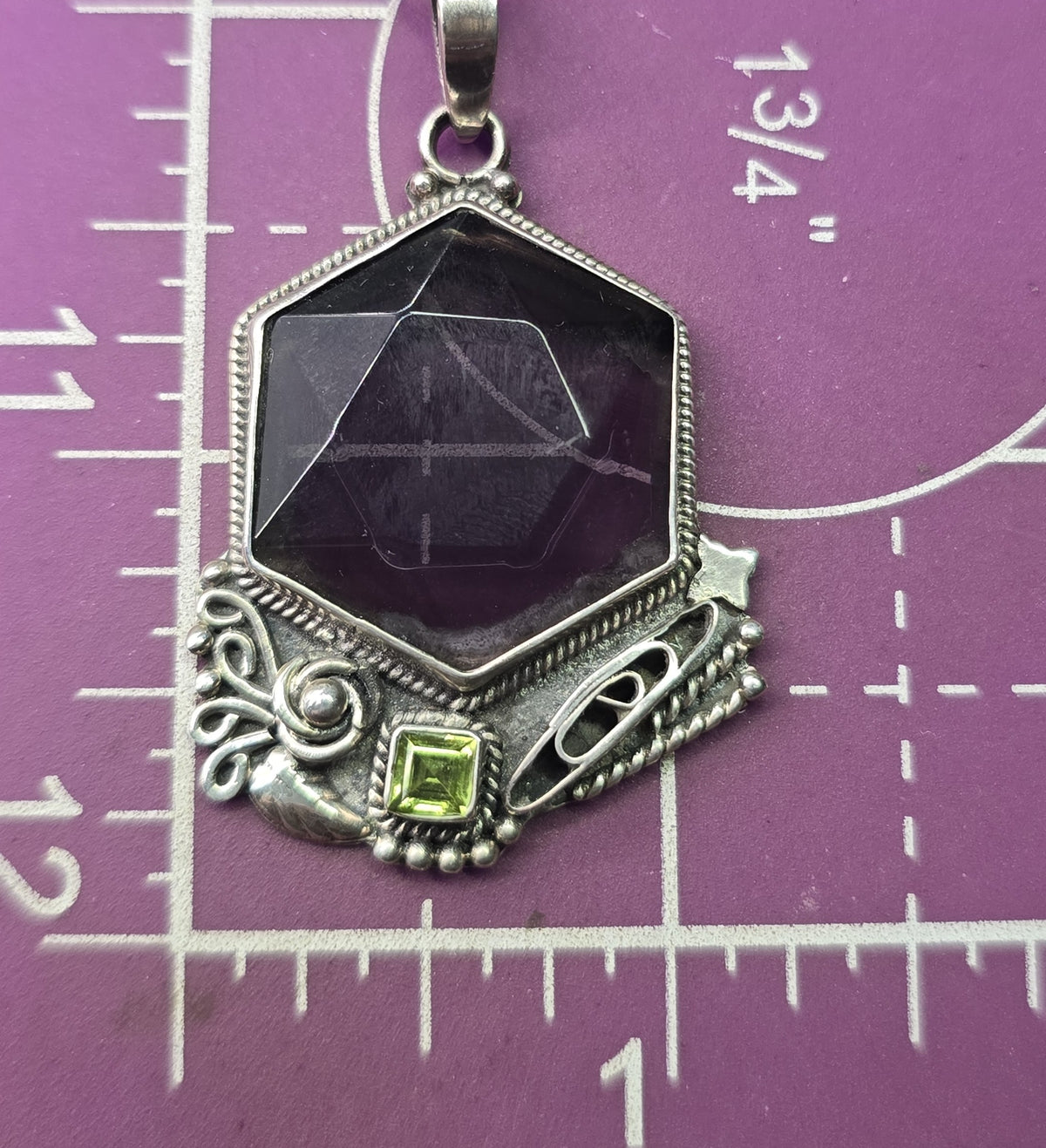Large Synthetic Hexagonal Amethyst and Peridot vintage sterling silver necklace