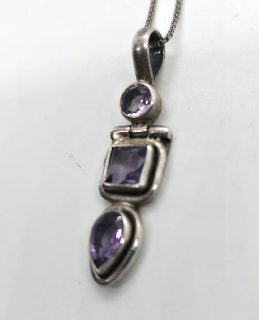 Amethyst purple multi gemstone triple articulated sterling silver vintage necklace