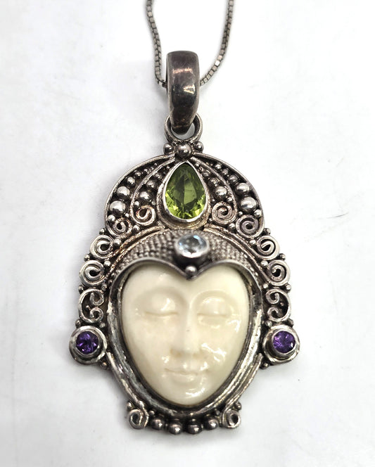 Peridot, topaz and amethyst Goddess multi gemstone signed pendant necklace