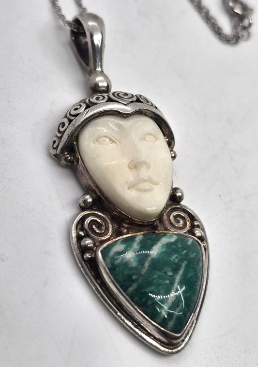 Sajen Amazonite carved Goddess multi gemstone signed pendant necklace