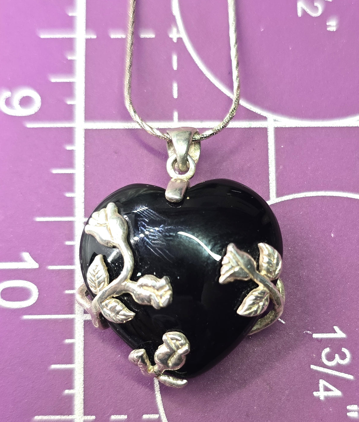 JC Black Onyx heart rose accented vintage sterling silver necklace