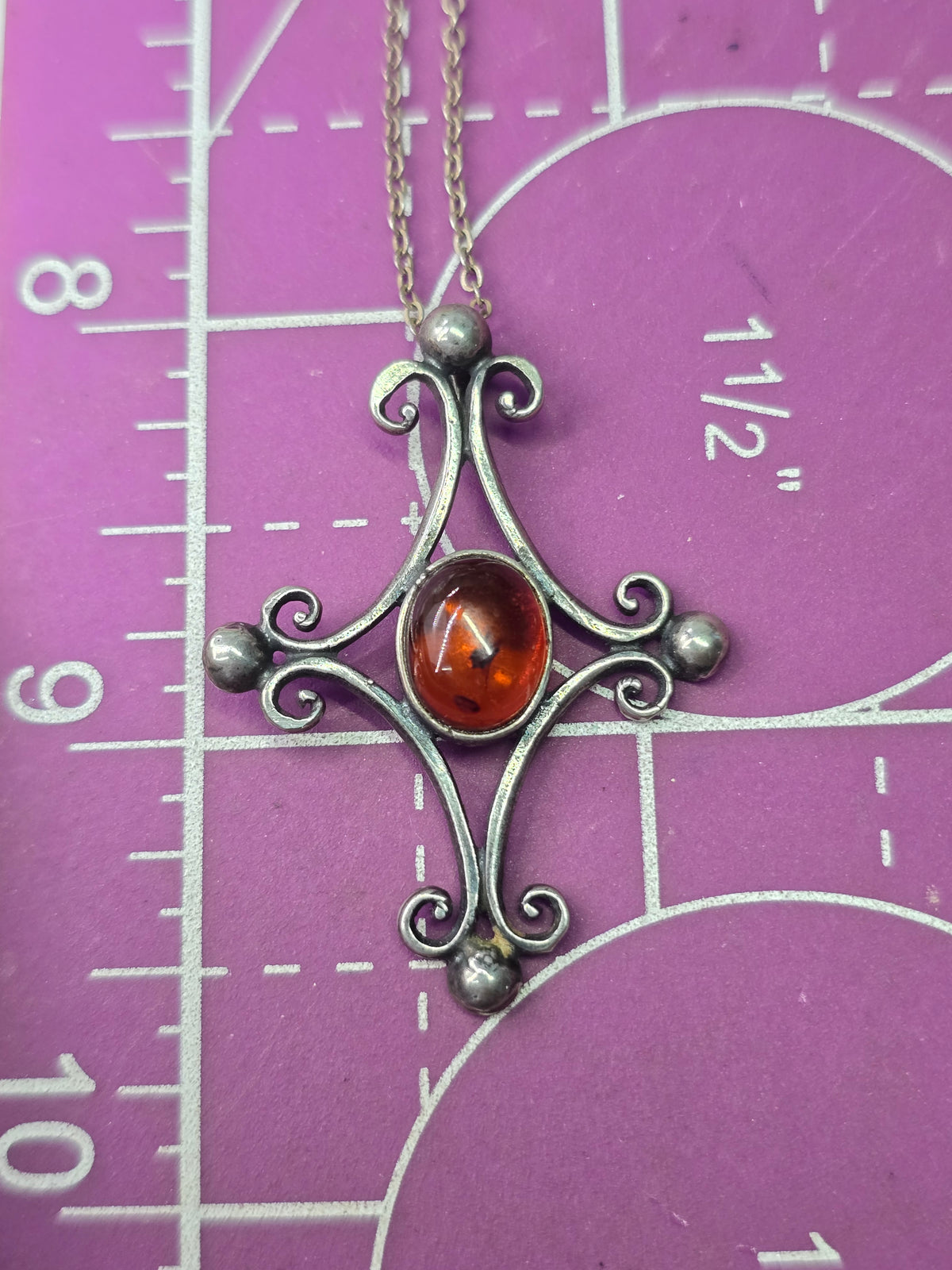 JB Polish Amber filigree handcrafted sterling silver vintage pendant necklace