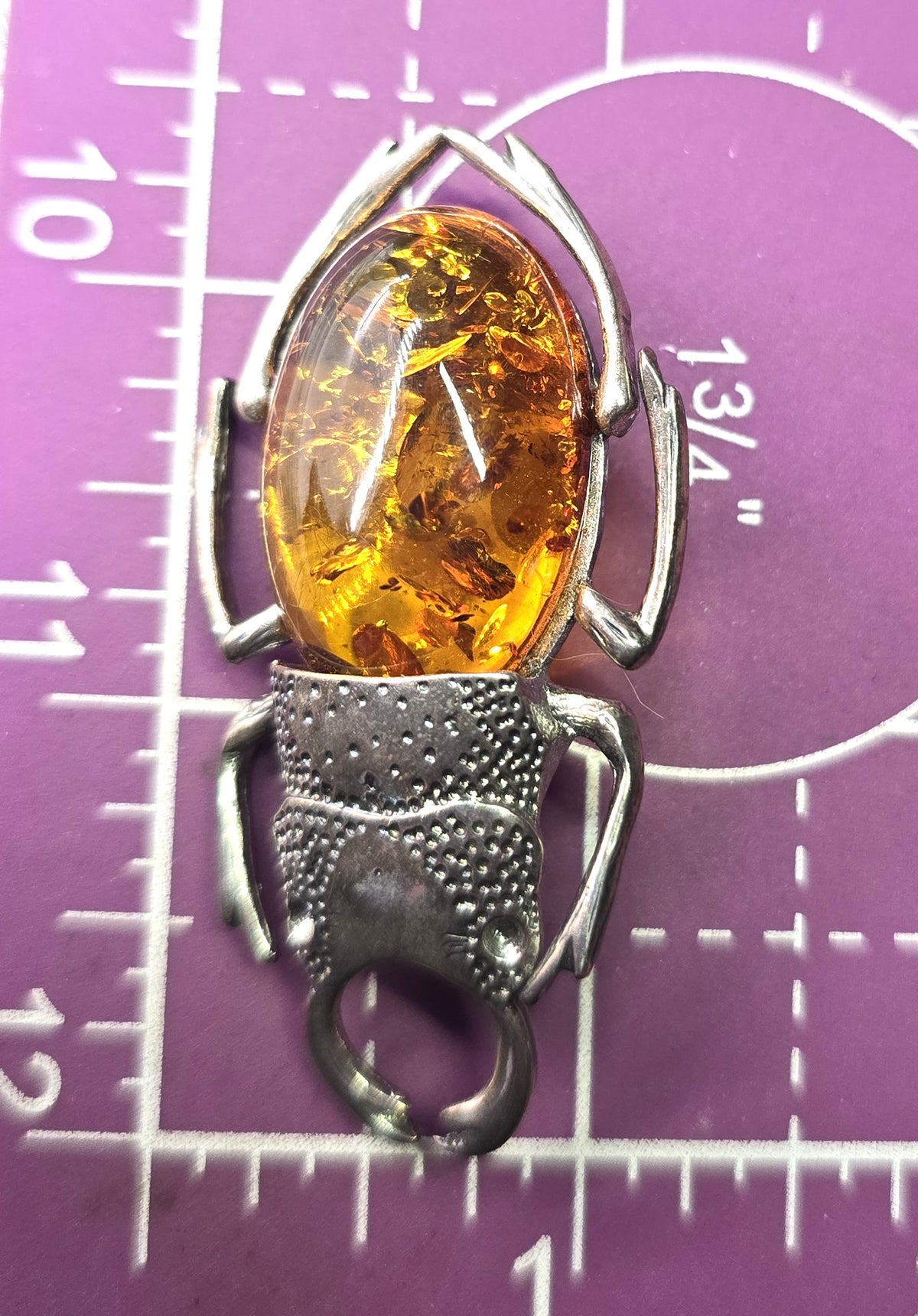 Stag Rhinoceros Beetle Polish amber sterling silver entomology large vintage brooch