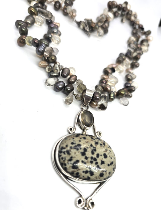 Dalmatian Jasper Smoky Quartz Tahitian pearl sterling silver vintage necklace