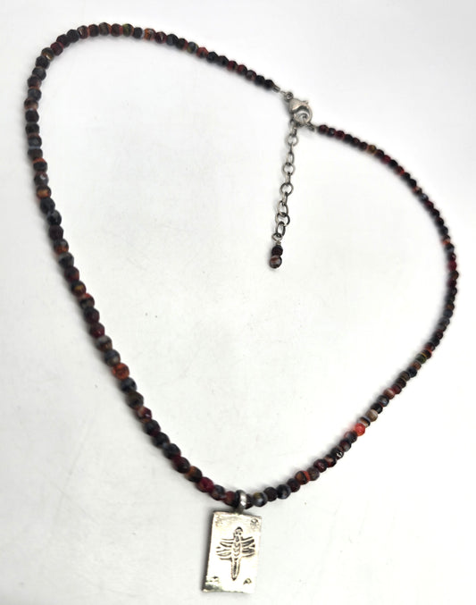 Dragonfly red and black sardonyx beaded sterling silver pendant necklace