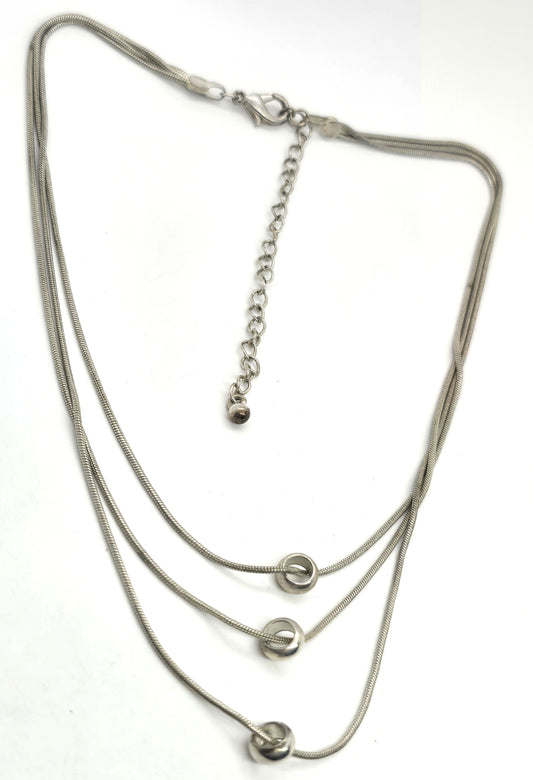Silver plated triple strand beaded vintage modernist retro necklace