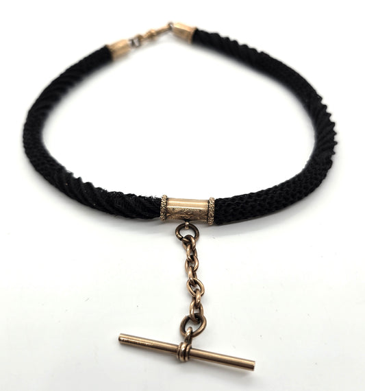 10k gold Antique Victorian braided dark hair mourning chain with T bar