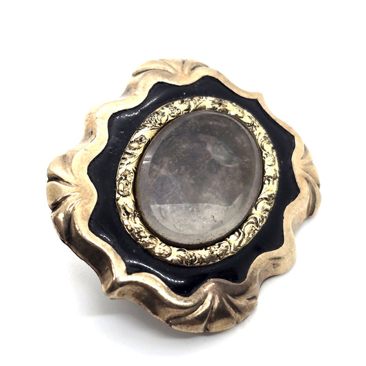 Gold filled Antique enamel mourning memento enamel mori brooch empty