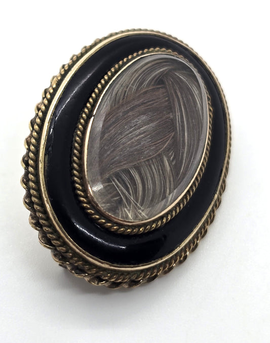 Gold filled Antique enamel mourning braided hair memento enamel mori brooch