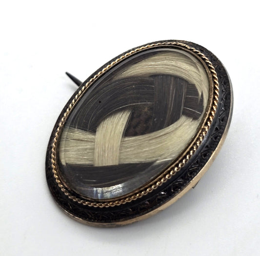 Gold filled Antique enamel mourning braided hair memento enamel mori brooch