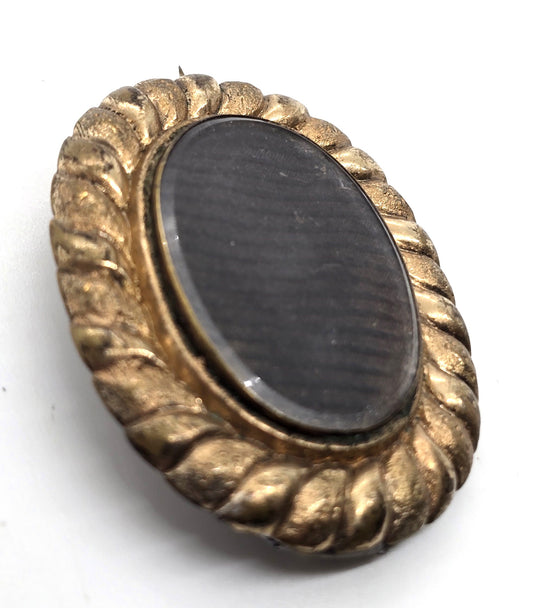 Gold Filled Antique Victorian braided dark hair mourning memento mori brooch