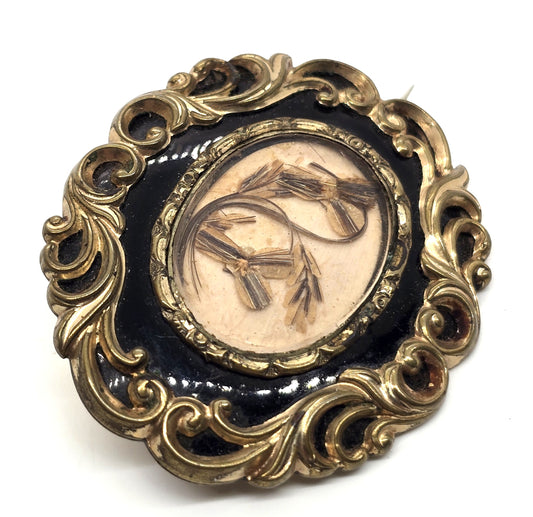 Gold filled Antique hair flower black enamel mourning memento mori brooch