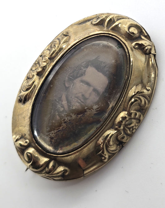 Gold filled Antique Daguerreotype portrait man mourning memento mori brooch