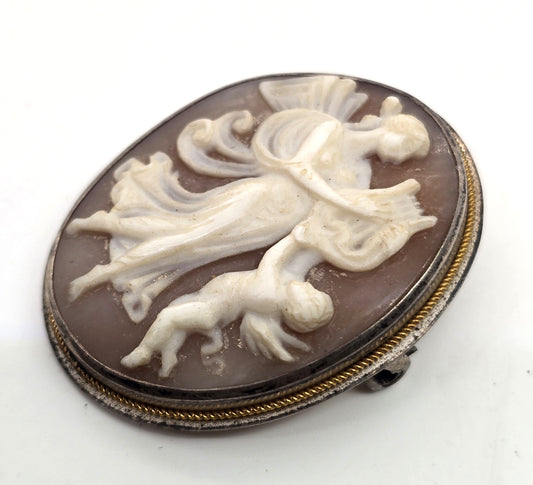 Victorian Cameo angel cherub carved shell sterling silver vintage pendant brooch