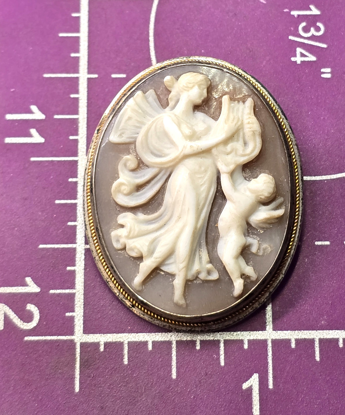 Victorian Cameo angel cherub carved shell sterling silver vintage pendant brooch
