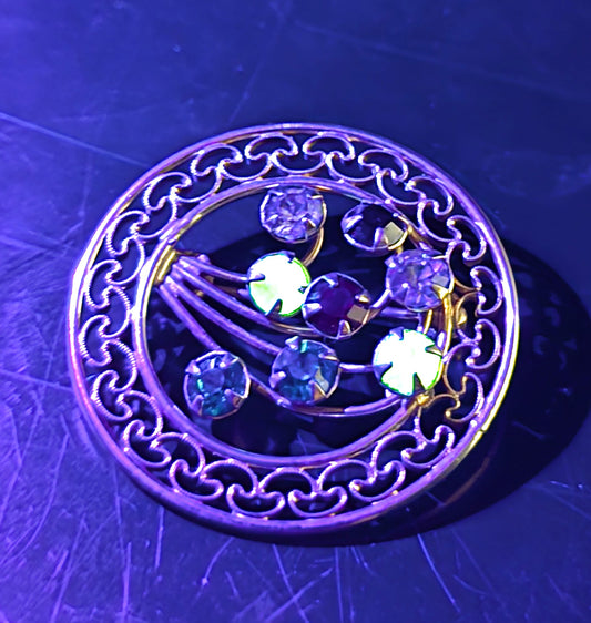 Carla Uranium glass rhinestone 12k yellow Gold filled vintage signed brooch