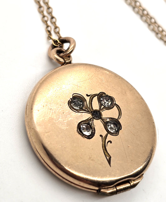 Antique Victorian lucky gold filled 4 leaf clover paste etched locket necklace