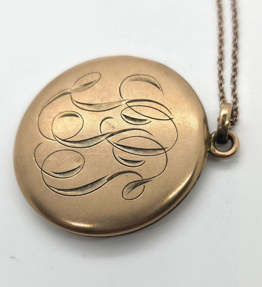 Antique Victorian etched monogram LSS gold filled locket necklace