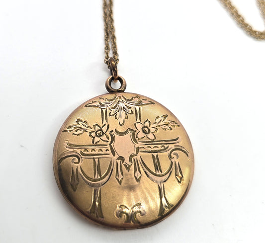 Antique Art Nouveau etched monogram M gold filled locket necklace