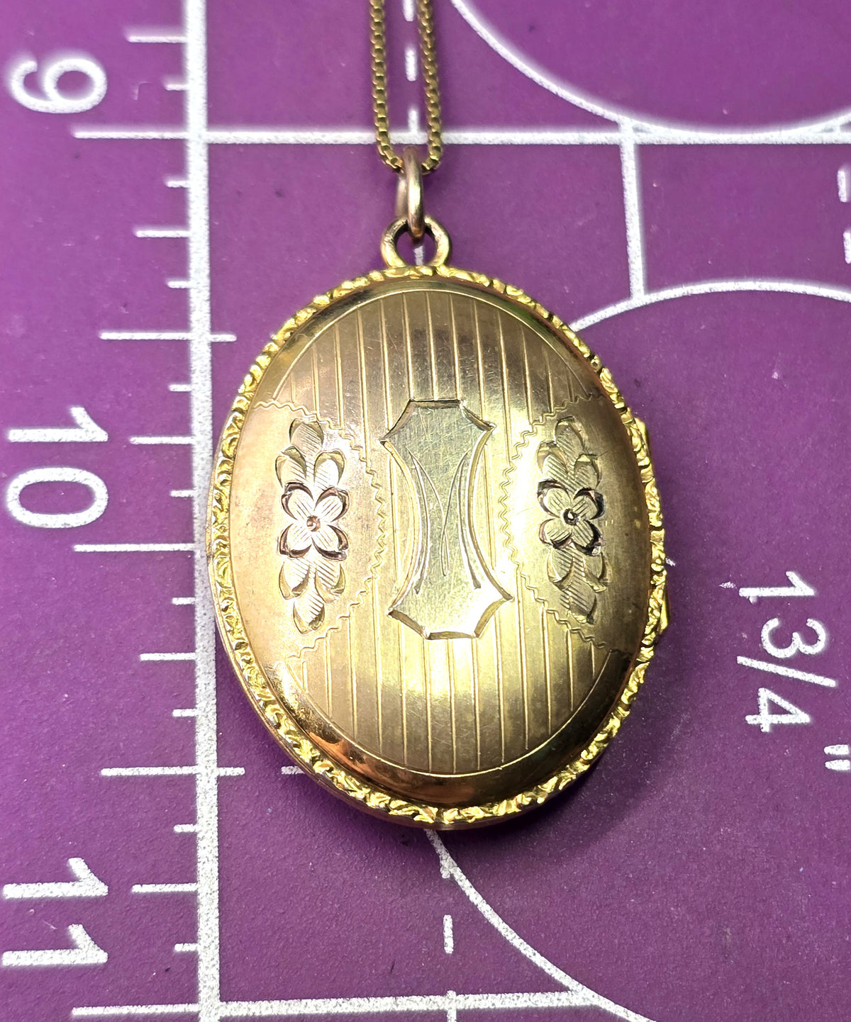JHH 12k Gold filled etched flower locket mid century photo necklace