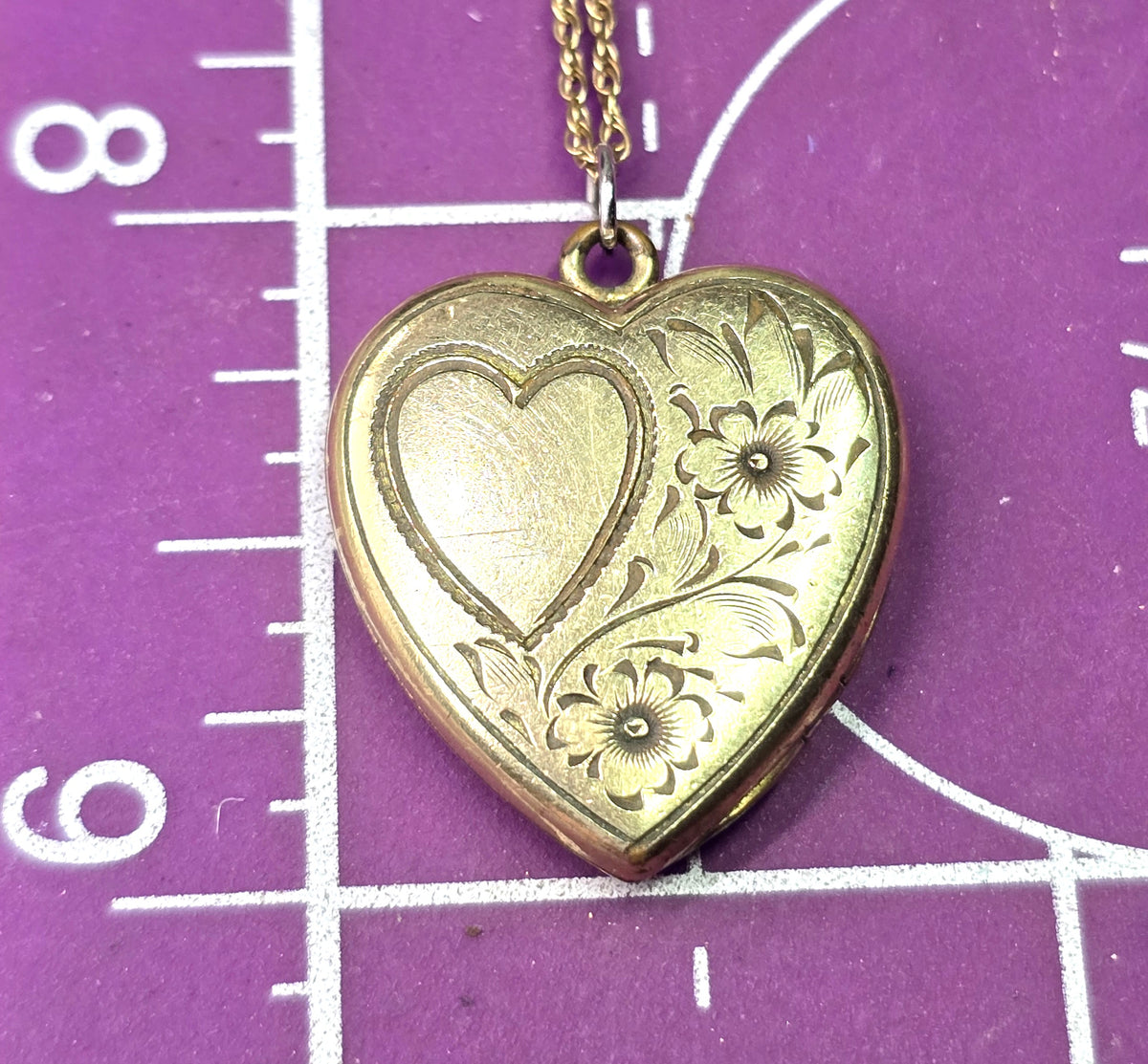 Pittman & Keeler Gold filled etched heart flower locket vintage photo necklace PK