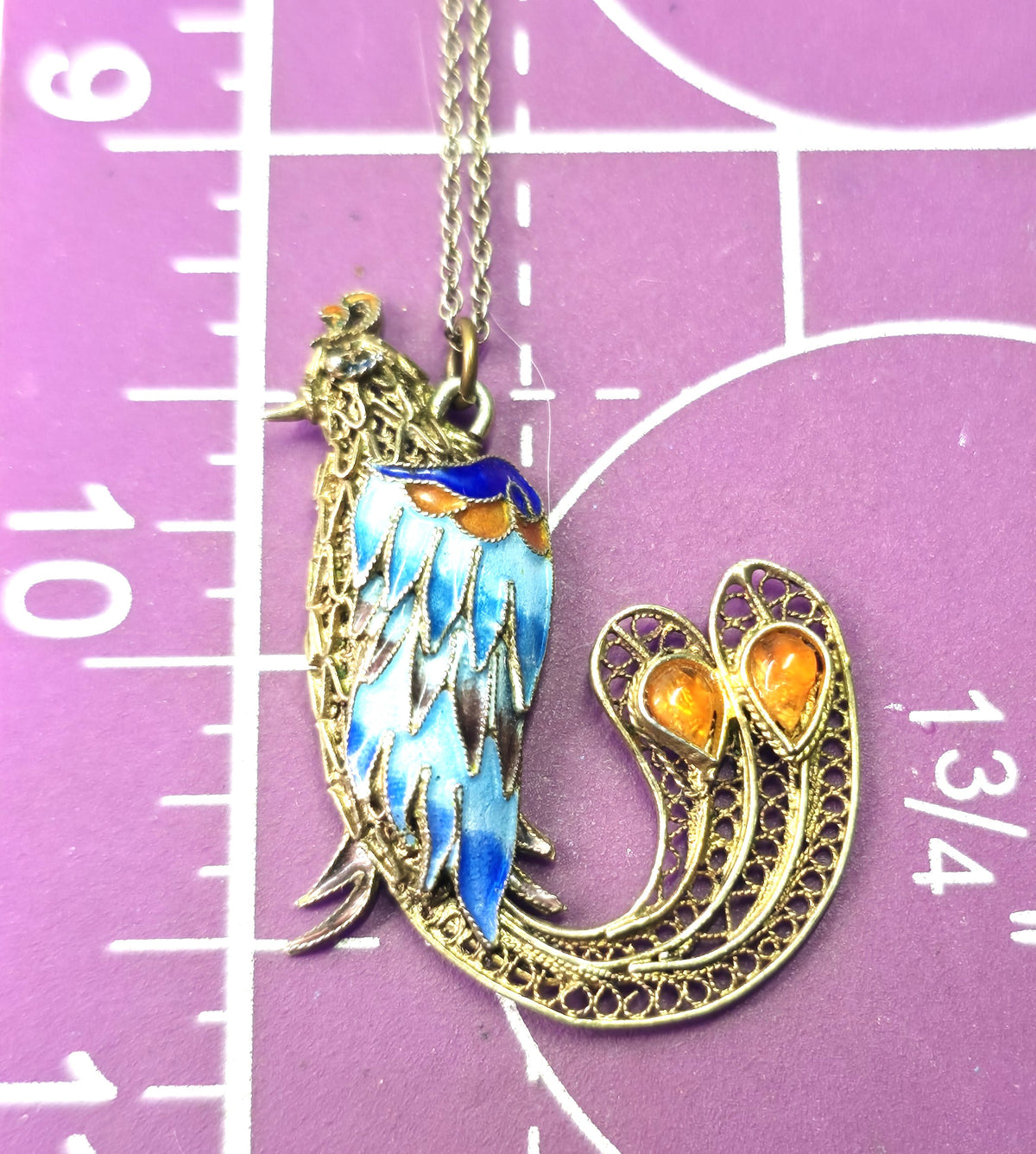 Chinese Export Bird Cloisonne enamel vintage vermeil sterling silver necklace