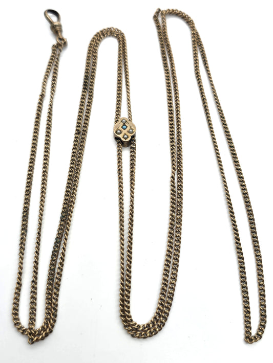 Victorian Turquoise and Seed Pearl Antique yellow gold filled slider watch chain