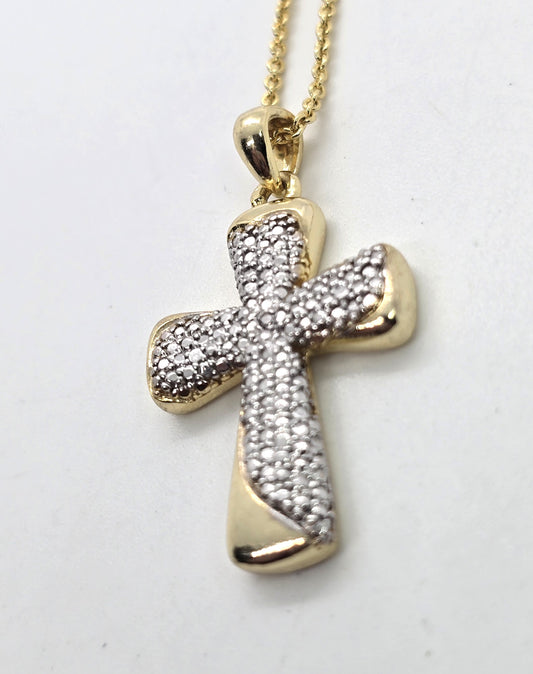 Diamond chip gold plated sterling silver cross FAS vintage retro pendant necklace