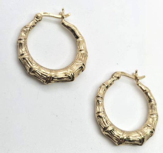 Gold over sterling silver vermeil bamboo lever back vintage hoop earrings