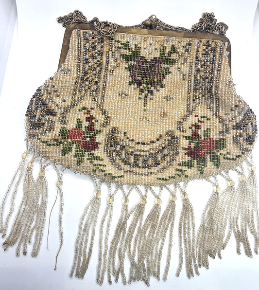 Victorian French Steel Cut seed beaded silk lined antique clutch purse