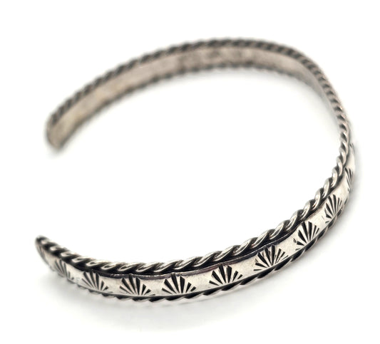 Southwestern stamped cactus fan twisted rope vintage sterling silver cuff bracelet