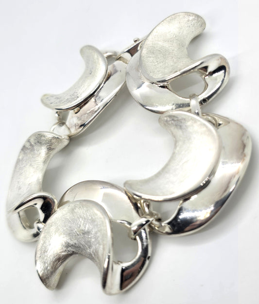 Brushed Sterling Silver Modernist Crescent link 925 Italy Bracelet B