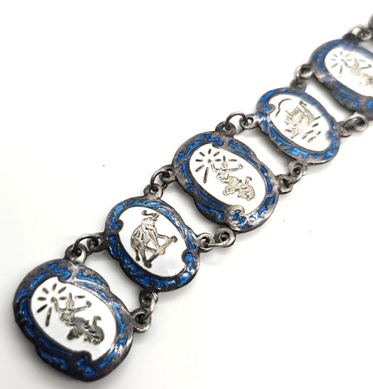 Siam Guilloche Bright teal blue enamel vintage sterling silver panel bracelet