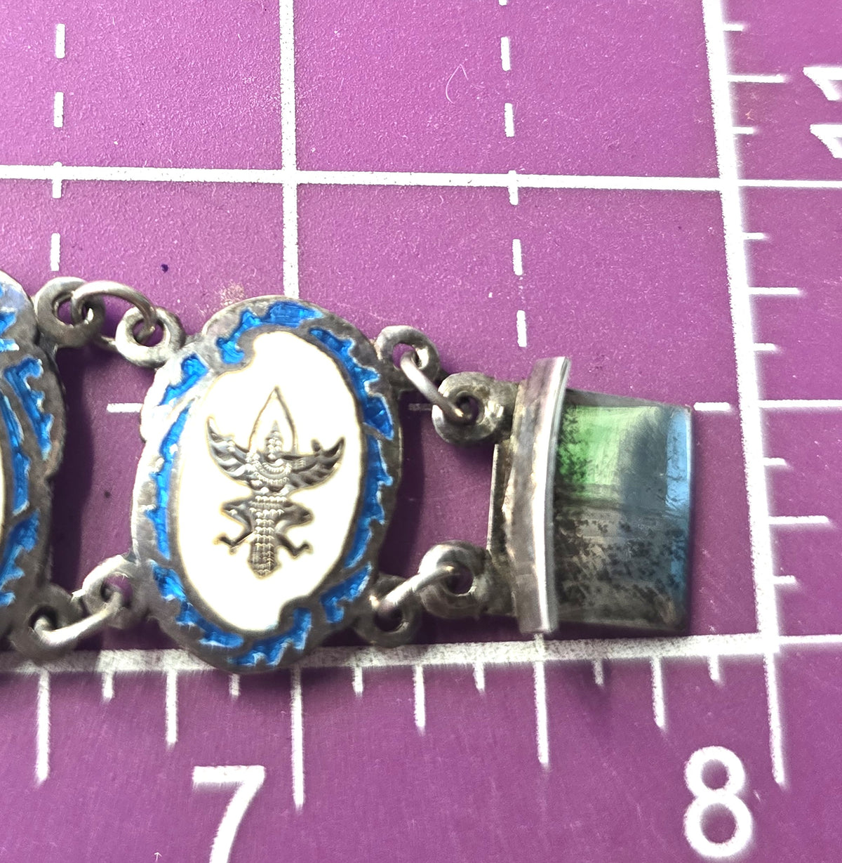Siam Guilloche Bright teal blue enamel vintage sterling silver panel bracelet