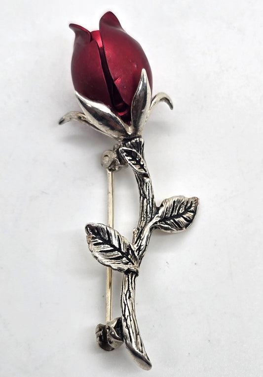 Jezlaine sterling silver vintage signed red rosebud flower brooch